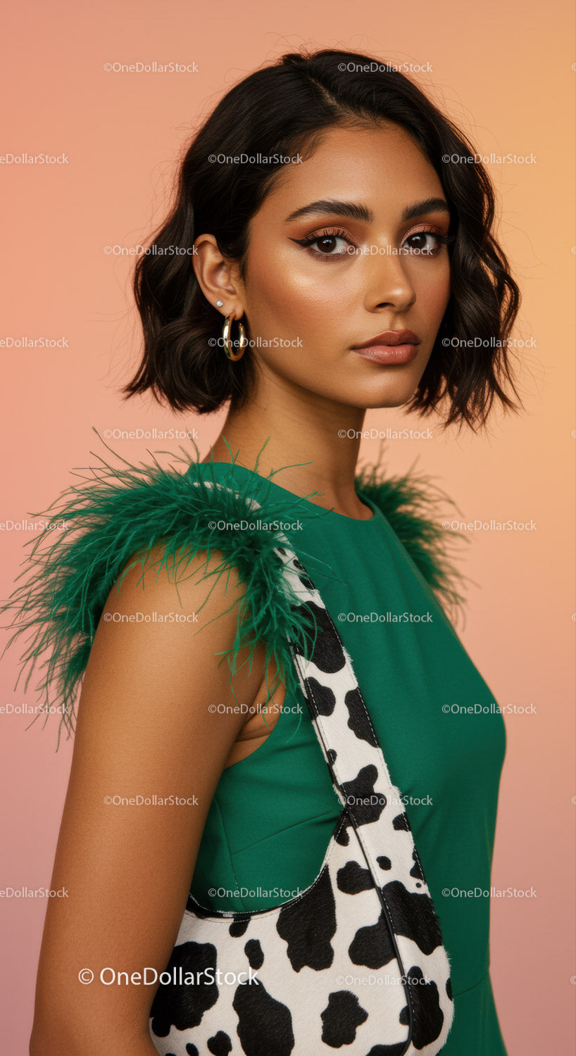 Elegant Woman with Green Dress and Feather Details Beauty Portrait