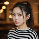 Portrait of a Stylish Young Woman with Sharp Eyeliner and Black White Striped Top