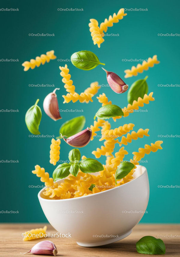 Flying fusilli pasta with garlic and fresh basil leaves