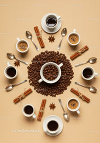 Top view of coffee cups with beans and spices arrangement