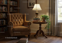 Cozy reading nook with leather armchair and lamp