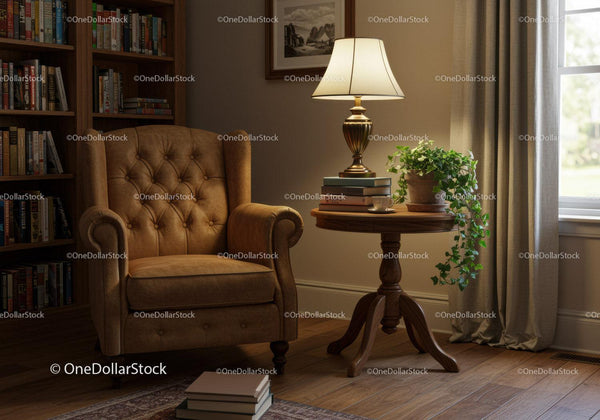 Cozy reading nook with leather armchair and lamp