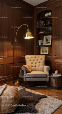Cozy reading nook with armchair and warm lighting
