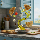 Mediterranean salad ingredients swirling with olive oil splash