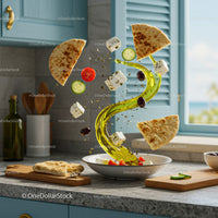 Mediterranean salad ingredients swirling with olive oil splash
