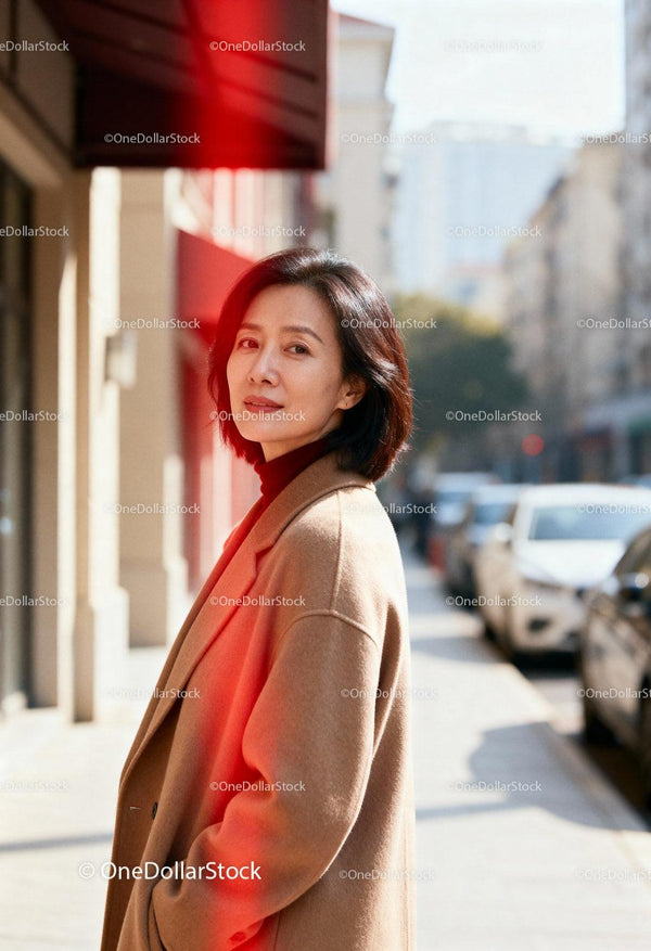 Stylish woman in camel coat walking city street