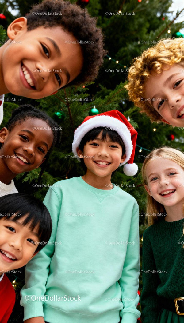 Smiling diverse children celebrating Christmas together
