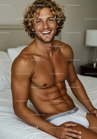 Smiling muscular man relaxing in white underwear on bed