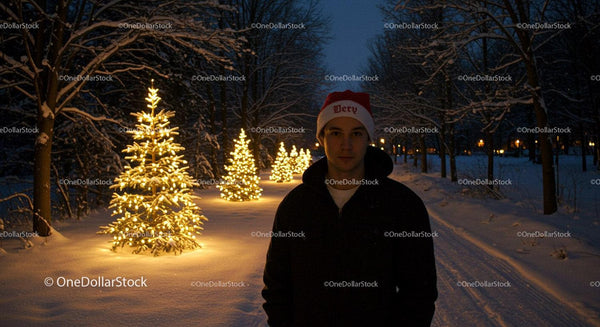 Young man in Santa hat by illuminated Christmas trees