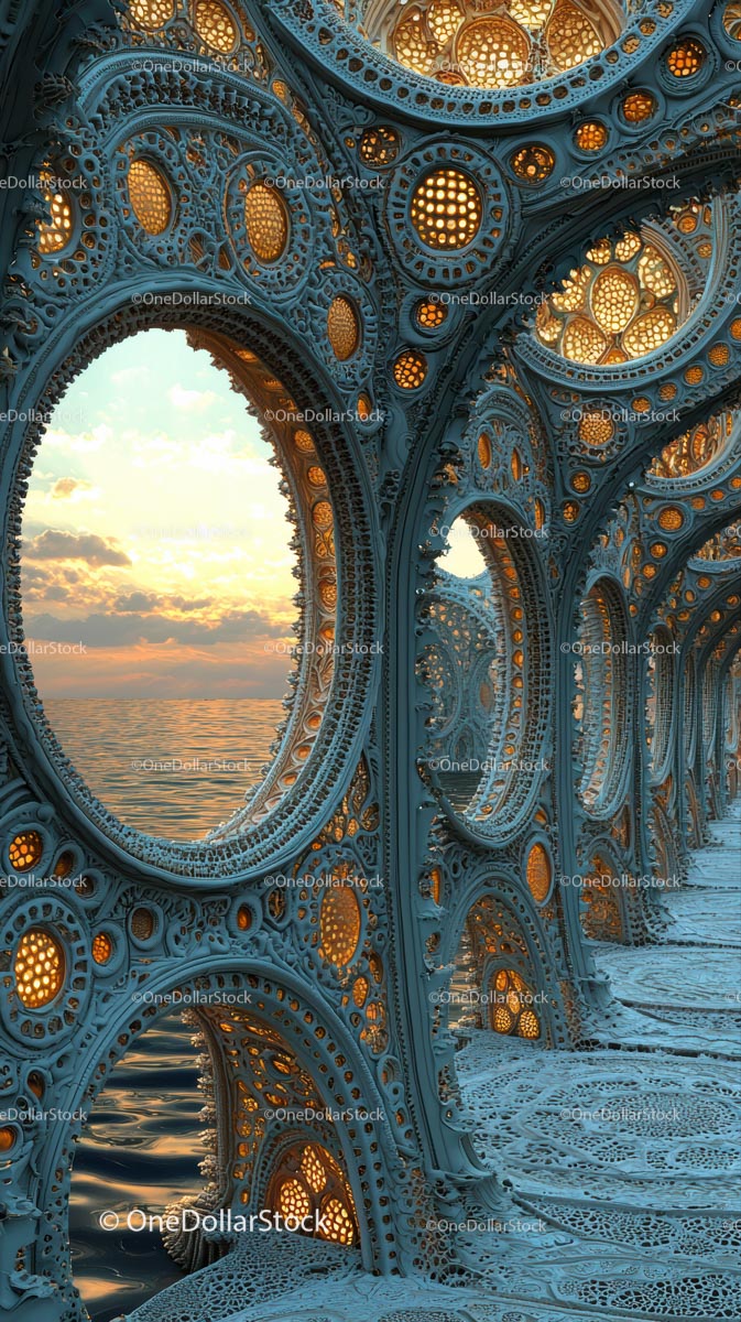 Futurystyczna rzeźba architektoniczna z widokiem na ocean o zachodzie słońca