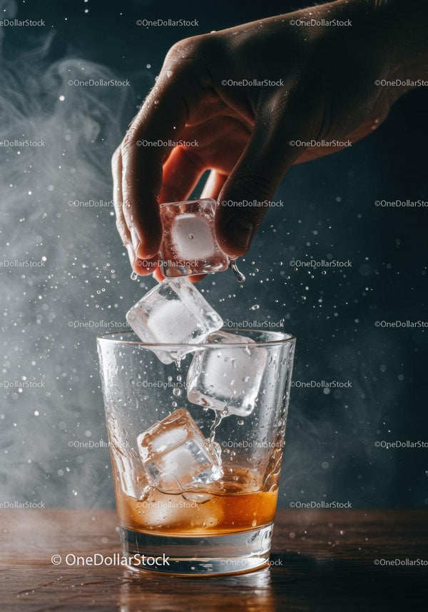 Hand Adding Ice Cubes to Glass of Whiskey on Table