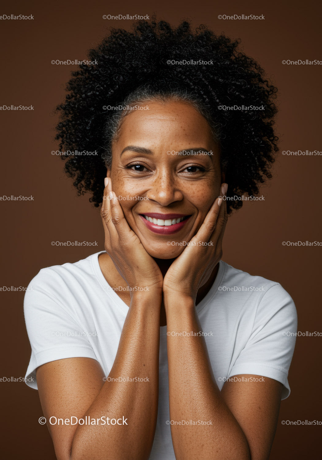 Smiling African American Woman with Curly Hair and Clear Skin