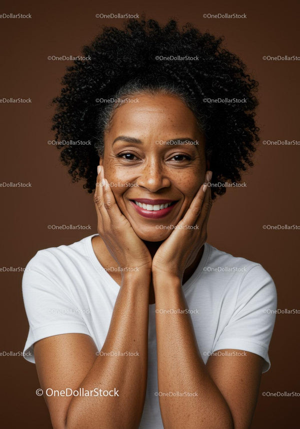 Smiling African American Woman with Curly Hair and Clear Skin