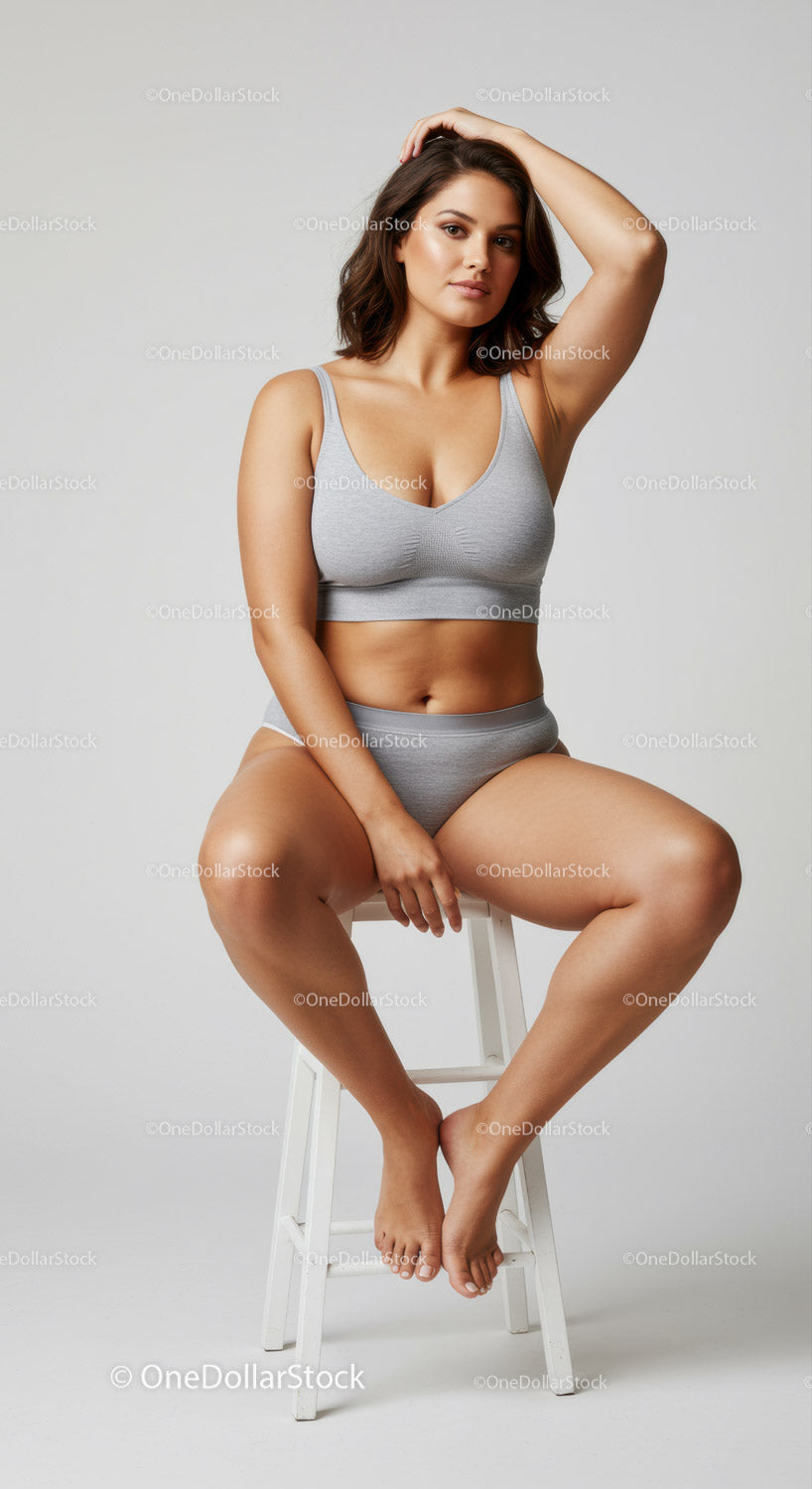 Confident Woman in Grey Lingerie Sitting on a White Stool Studio Portrait