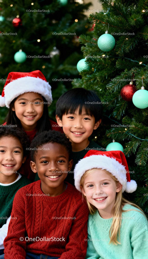 Smiling diverse children by Christmas tree with decorations