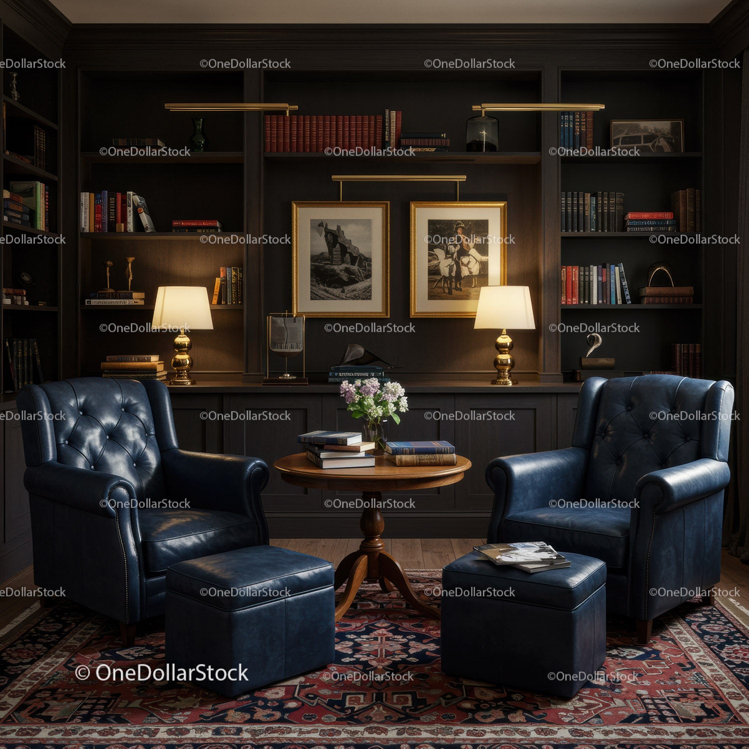 Cozy dark library corner with leather armchairs and books