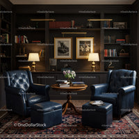 Cozy dark library corner with leather armchairs and books