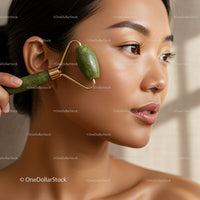 Young Woman Using Jade Roller for Skin Care and Facial Rejuvenation