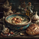Rustic Garlic Soup in Vintage Ceramic Bowl with Bread and Herbs