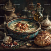 Rustic Garlic Soup in Vintage Ceramic Bowl with Bread and Herbs