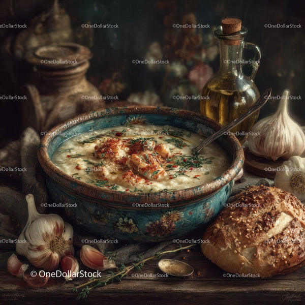 Rustykalna zupa czosnkowa w vintage ceramicznej misce z chlebem i ziołami