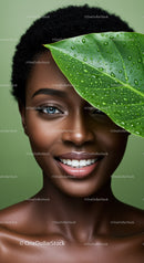 Smiling Black Woman with Curly Hair and Green Leaf in Natural Setting