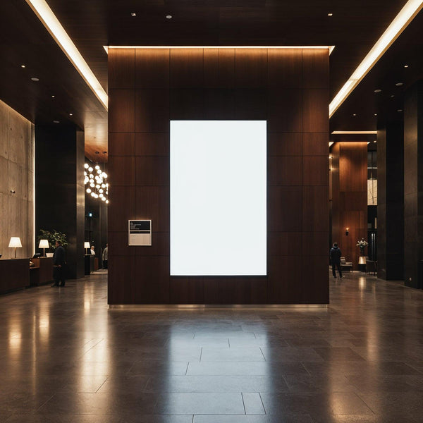 Modern hotel lobby with large illuminated wall display JPG Mockup Image