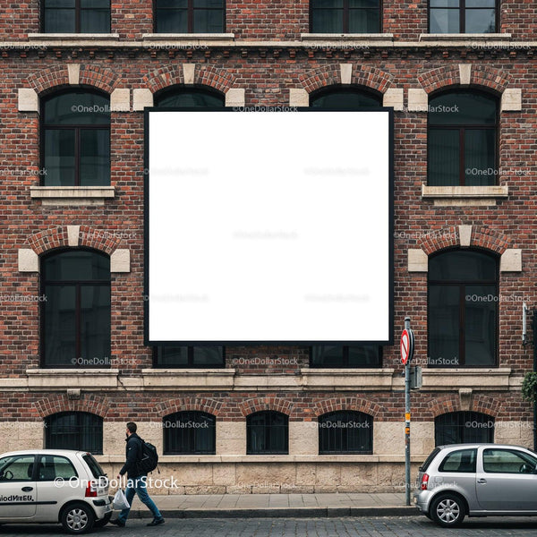 Urban Man Walking Past Blank Billboard on Brick Wall JPG Mockup Image