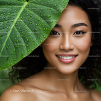 Smiling Woman with Tropical Leaf and Water Droplets in Bright Outdoors