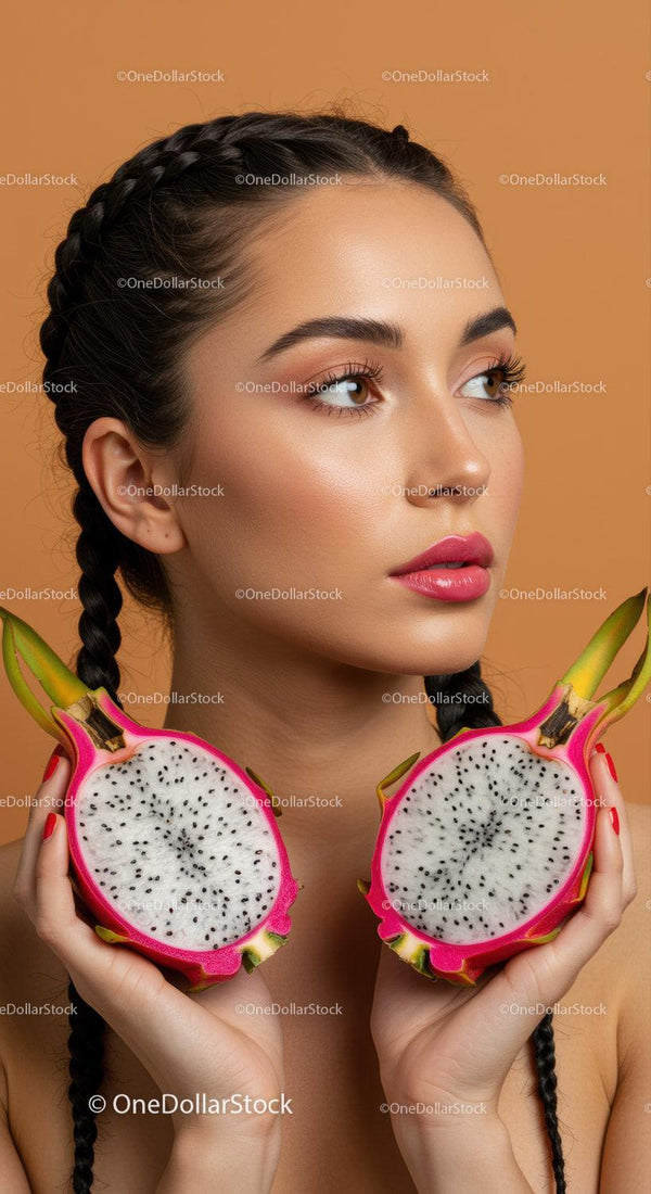 Portrait of a Young Woman with Dragon Fruit Slices and Braided Hair