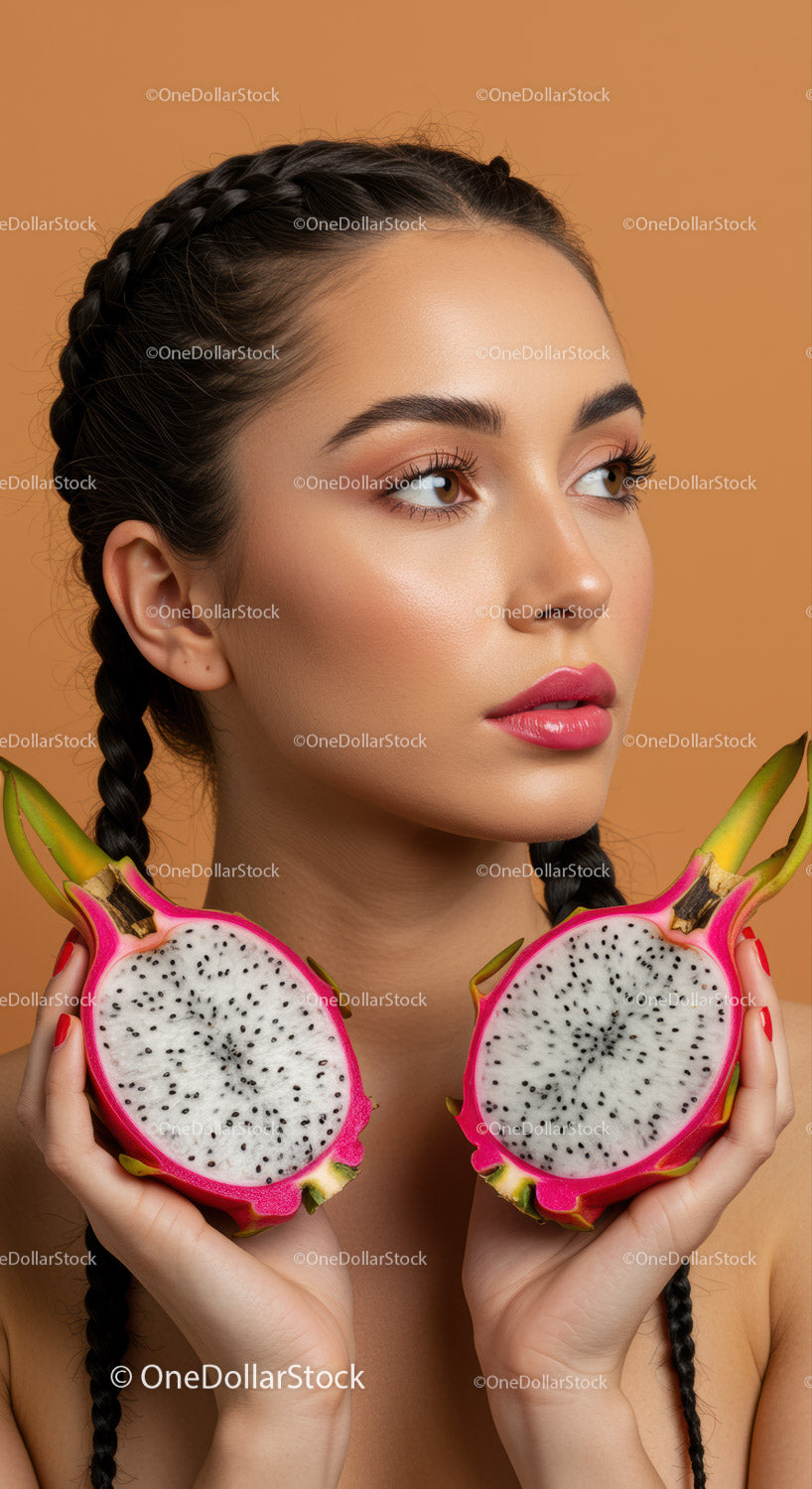 Portrait of a Young Woman with Dragon Fruit Slices and Braided Hair