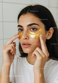 Young Woman with Gold Eye Patches Applying Skincare Routine