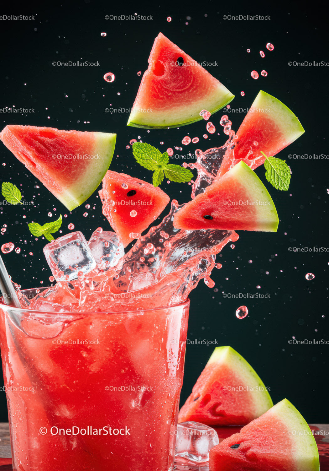 Refreshing Watermelon Splash with Ice and Mint Leaves