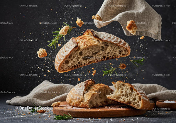Fresh rustic bread breaking with scattered crumbs and herbs