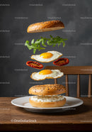 Bagel sandwich with fried eggs and sun dried tomatoes