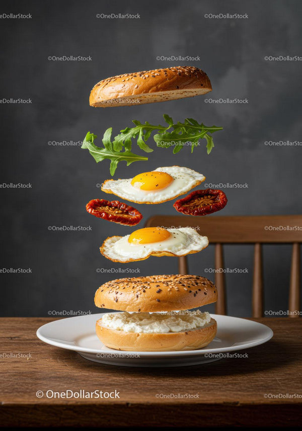Bagel sandwich with fried eggs and sun dried tomatoes