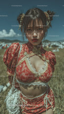Young Woman in Vintage Floral Dress Pose Outdoors in Sunlit Field