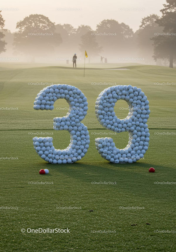 Pole golfowe z dużą liczbą 39 wykonaną z piłeczek golfowych
