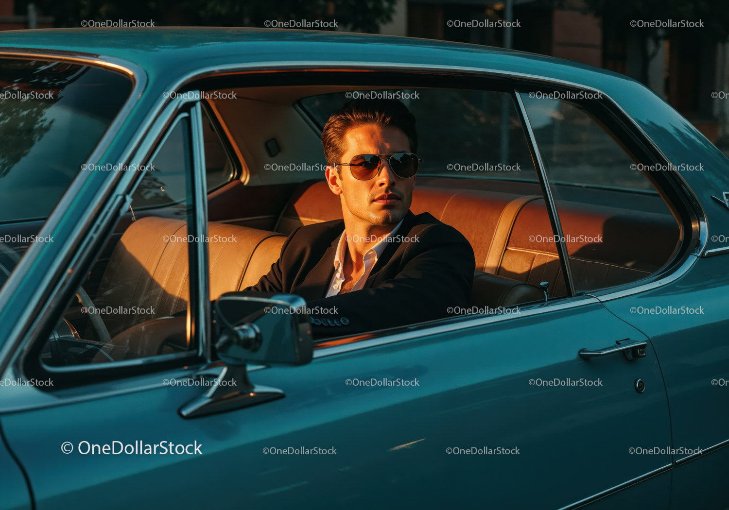 Stylish Man in Suit Sitting in Vintage Blue Car with Sunset Lighting