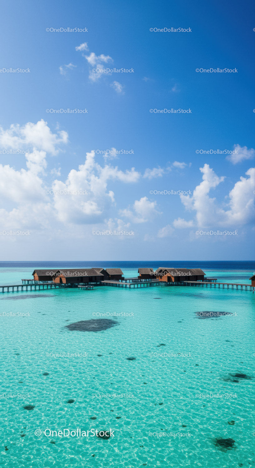 Overwater Bungalows in Turquoise Ocean Under Bright Blue Sky