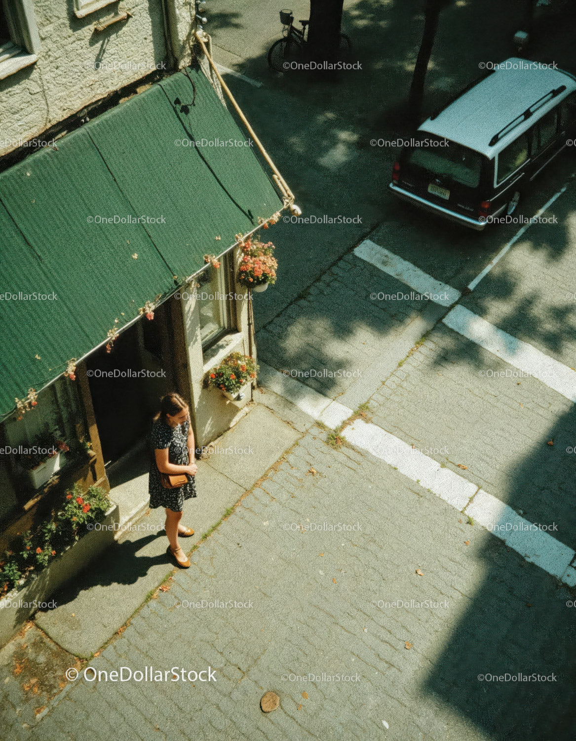 City Street Scene with Woman, Car, and Flowered Building