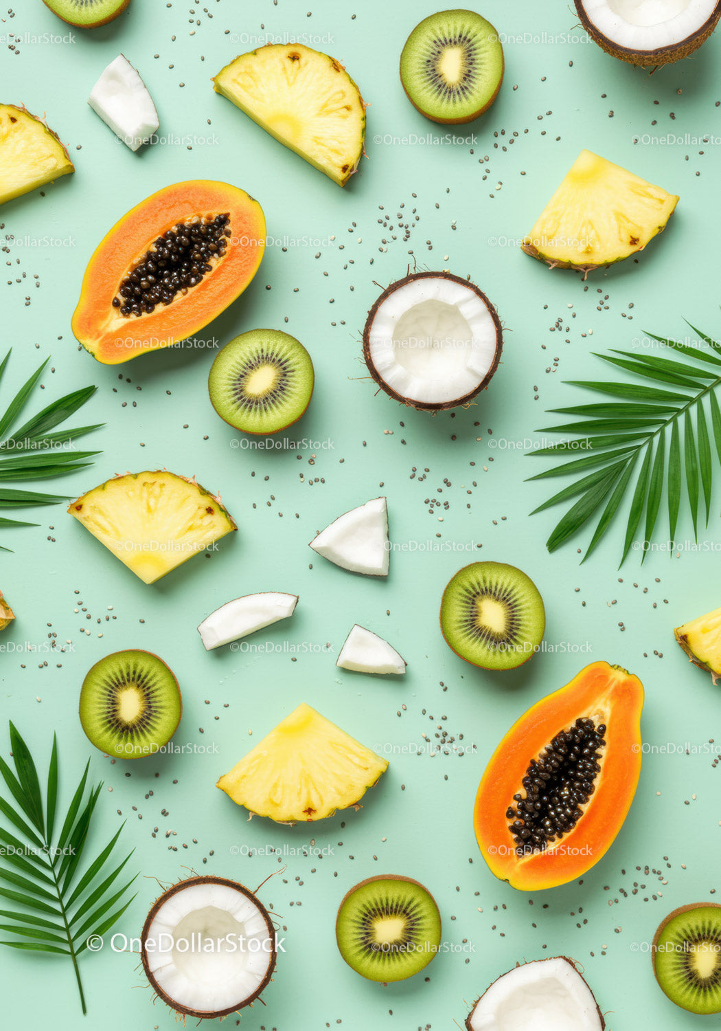 Tropical Sliced Fruits Assortment on Light Background