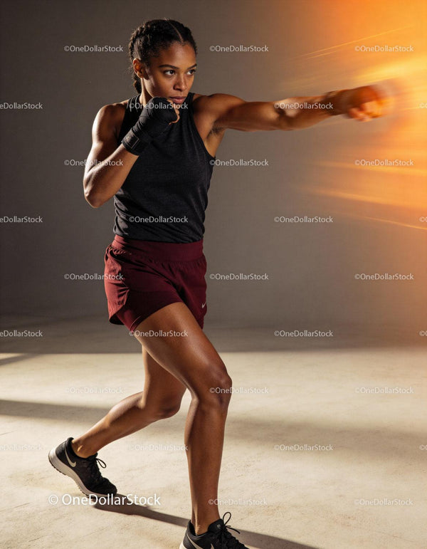 Focused female boxer training punch with speed and power