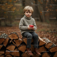 Young boy sitting on firewood stack holding red apple