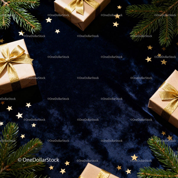 Christmas gifts with golden ribbons and fir branches