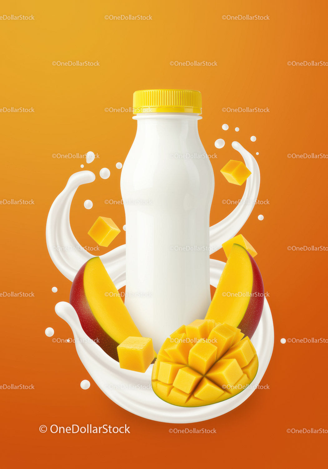 Bottle of Mango Yogurt Surrounded by Fresh Fruit and Splash