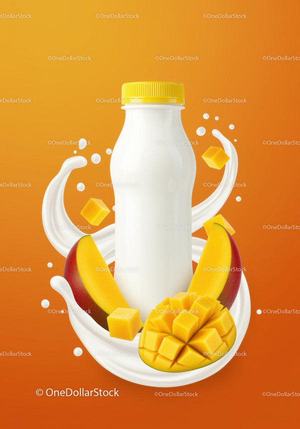 Bottle of Mango Yogurt Surrounded by Fresh Fruit and Splash JPG Mockup Image