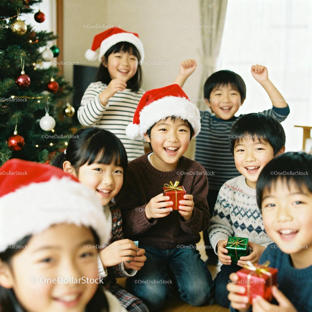 Joyful Asian Children Celebrating Christmas with Gifts