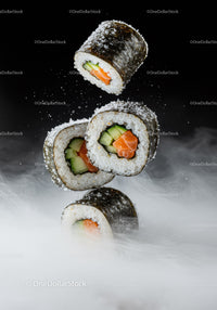 Fresh sushi rolls with cucumber and salmon on black