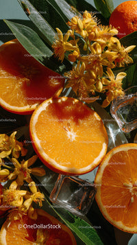 Fresh Orange Slices and Orange Blossoms with Citrus Fruit Background